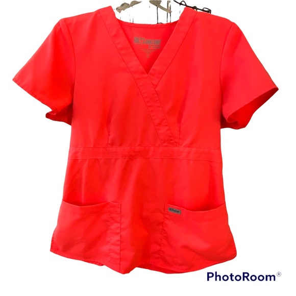 Grey’s Anatomy Bright Orange V Neck Scrub Top Adjustable Side Button Tabs Sz M - Picture 1 of 10